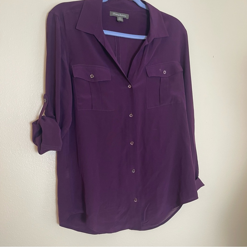 Tommy Bahama 100% Silk Plum Button Up Blouse Roll Tab Sleeve Pocket Top S